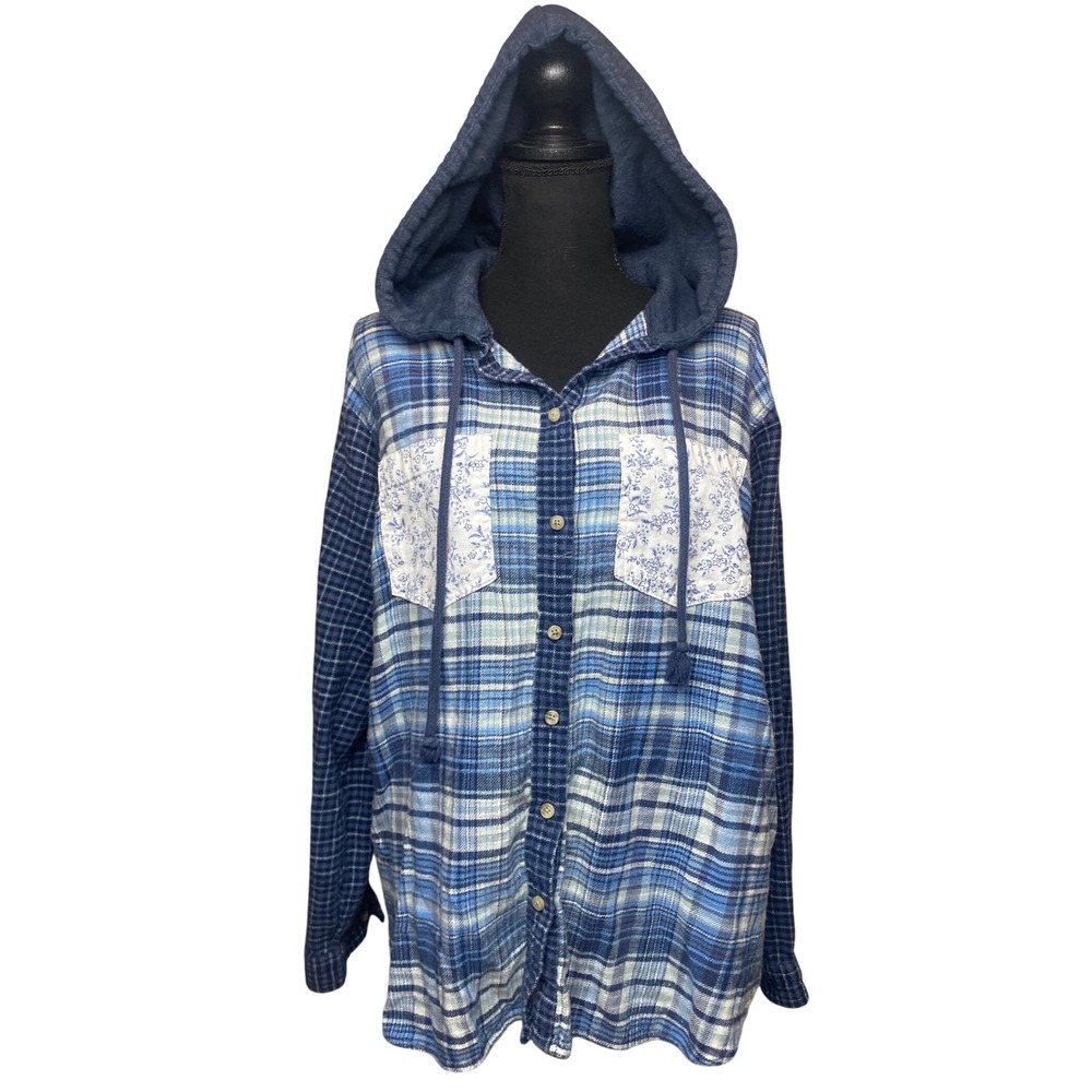 American Eagle Blue Plaid Mixed Pattern Hooded Flannel Shirt Floral Pockets L